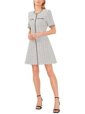 CeCe Crew Neck Short Sleeve Rhinestone Button Front Tweed Fit Flare Dress 12